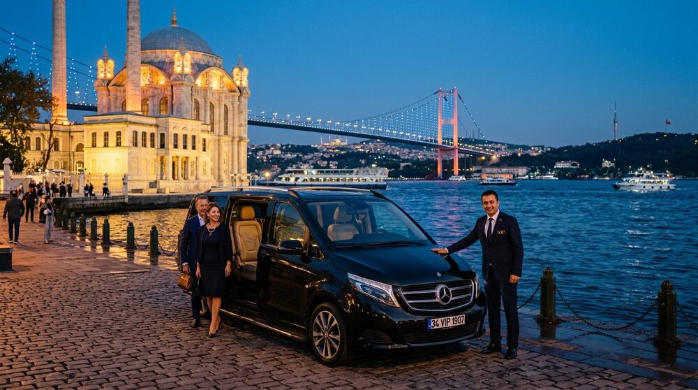 Executive Mercedes VIP Van at Ortakoy Bosphorus Waterfront with Illuminated Bridge