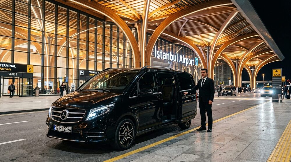 Mercedes VIP Van Under Illuminated Istanbul Airport Terminal Canopy at Midnight