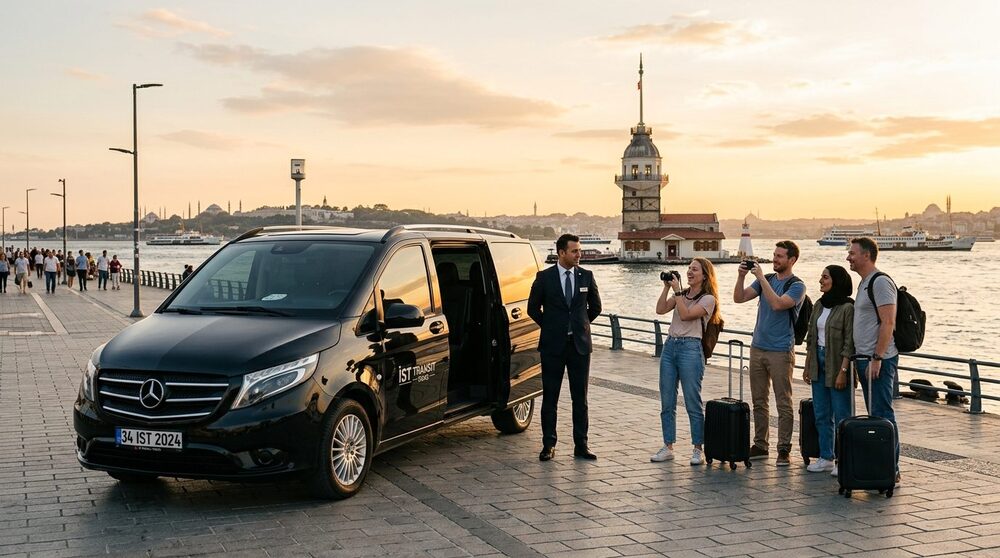 Transit Travelers Taking Photos at Bosphorus Waterfront with Maiden's Tower While VIP Chauffeur Waits