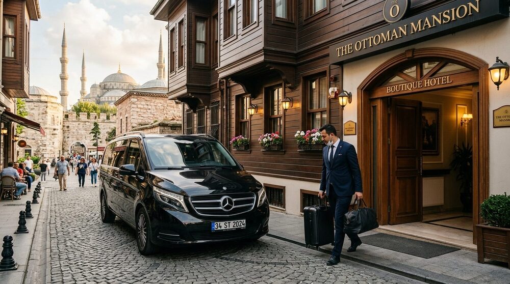 Mercedes VIP Van Parked Directly at Boutique Hotel in Historic Sultanahmet Cobblestone Street