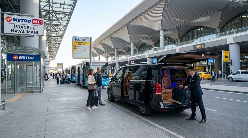Ground Transportation Hub at Istanbul Airport featuring Metro M11, Havaist Buses and Mercedes VIP Van